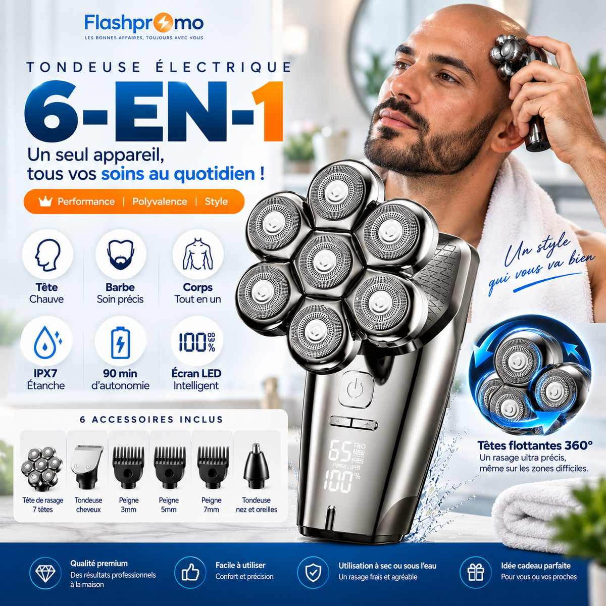 Tondeuse & Rasoir électrique rechargeable pour tête, visage et corps 6-en-1