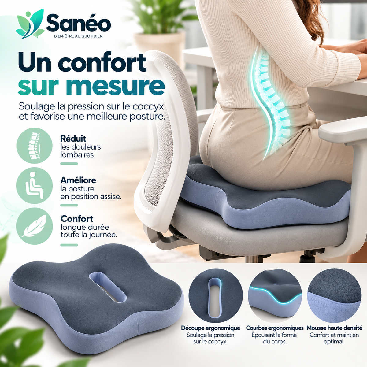 Coussin orthopédique pour soulager les douleurs du coccys et lombaire CoccyZen™