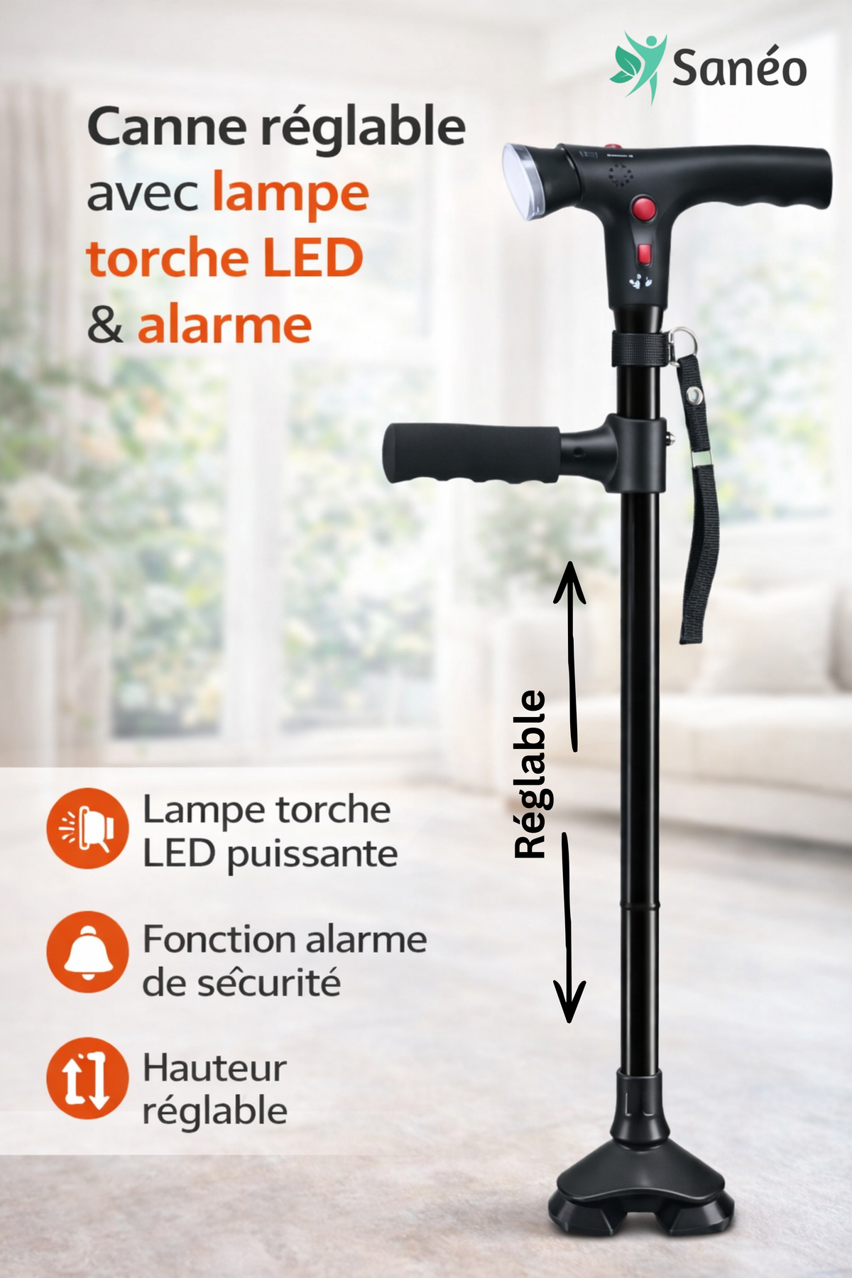 Canne de Marche Multifonction avec Lampe LED et Alarme de Sécurité