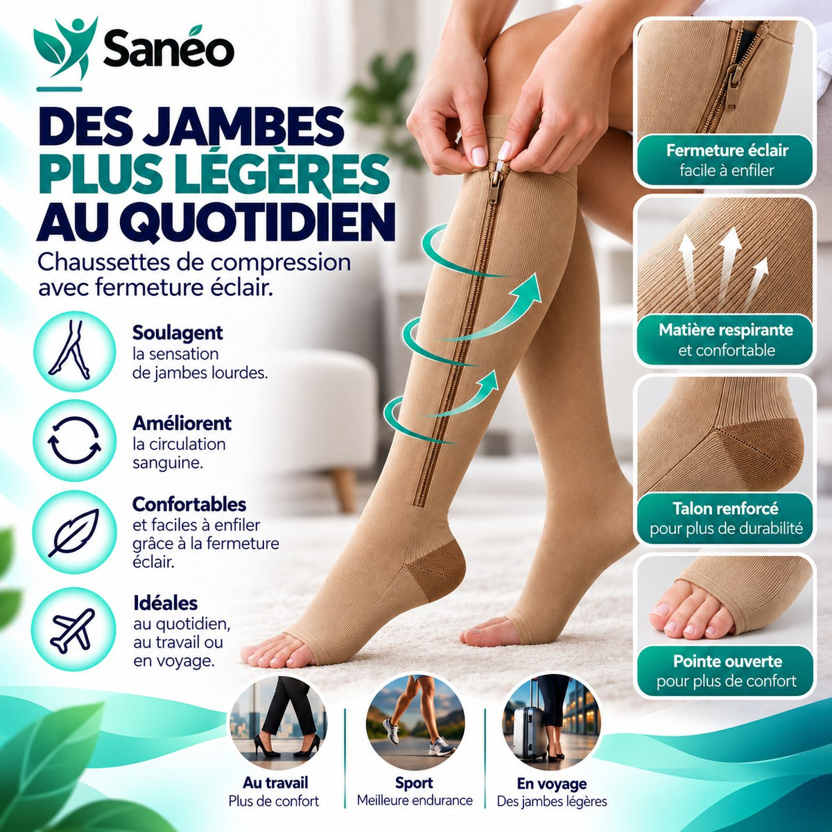 Chaussettes anti varices ZIP SOX® Beige
