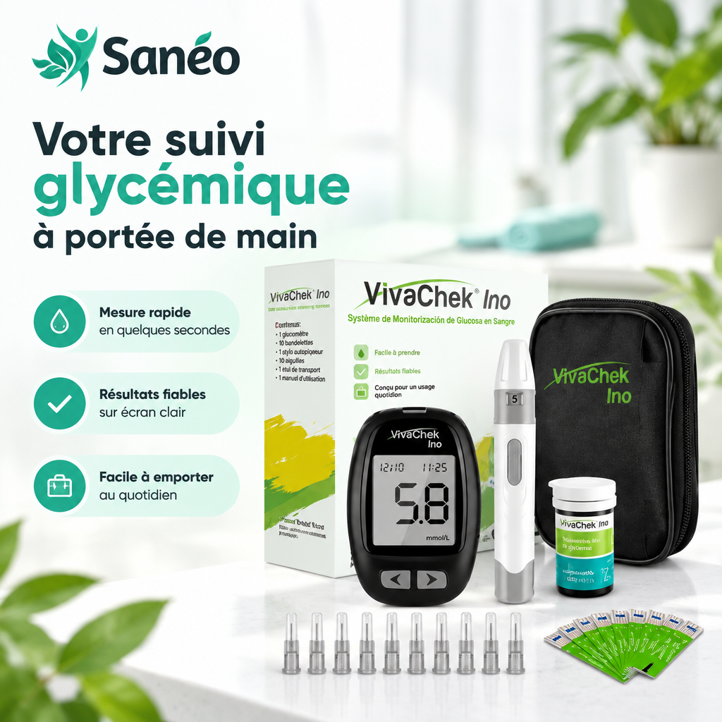 Glucomètre VivaChek Ino Complet – Kit de Surveillance de Glycémie avec Bandelettes et Lancettes