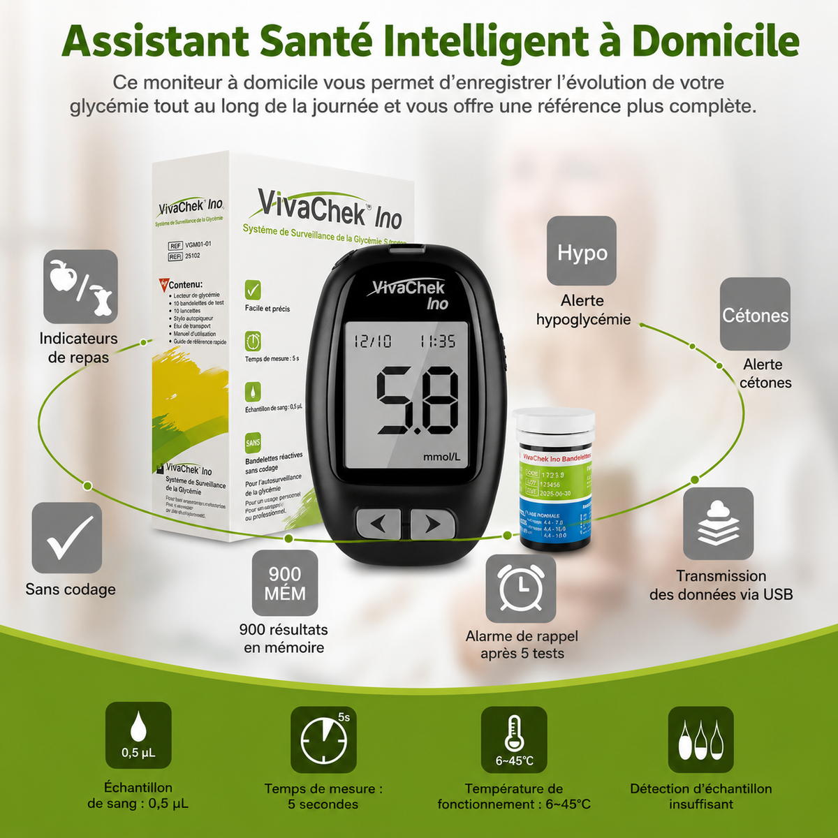 Glucomètre VivaChek Ino Complet – Kit de Surveillance de Glycémie avec Bandelettes et Lancettes